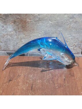 Crystal Clear Handcrafted Art Glass Dolphin Figurine Blue Clear Gradient Swirl